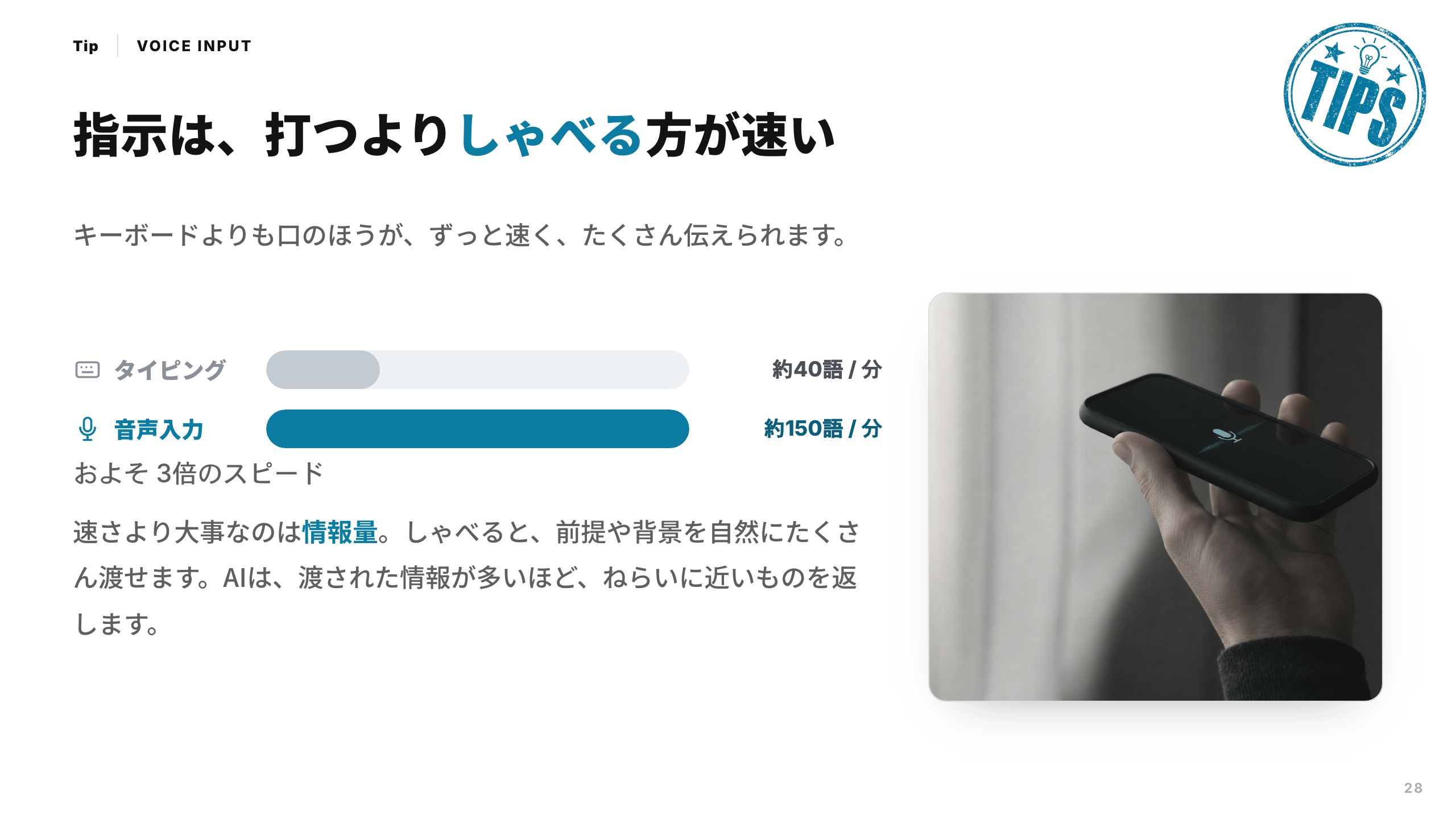 スライド 28：指示は、打つよりしゃべる方が速い